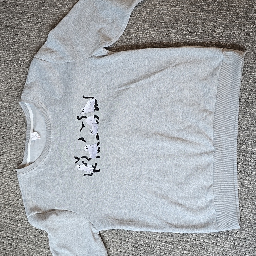 Gray Sweatshirt with Cat and Bat Design
